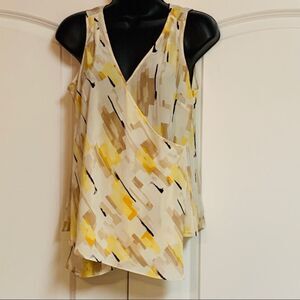 White House 100% Silk Ivory Yellow Black Faux Wrap Sleeveless V Neck Blouse XS